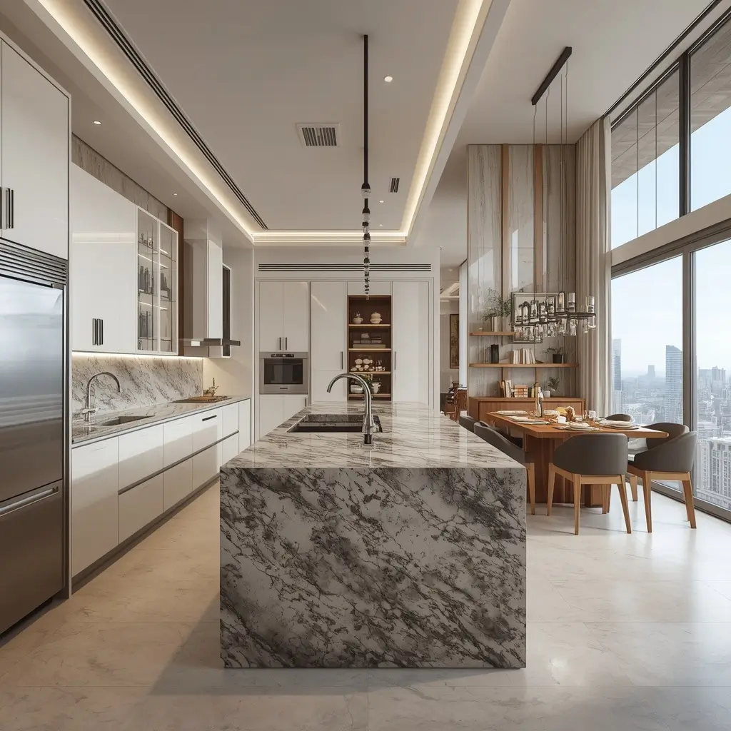 Local appliance repair services in {City} for high-end builtin and standard appliances shown in a modern luxury kitchen interior with stainless steel equipment and a marble island.