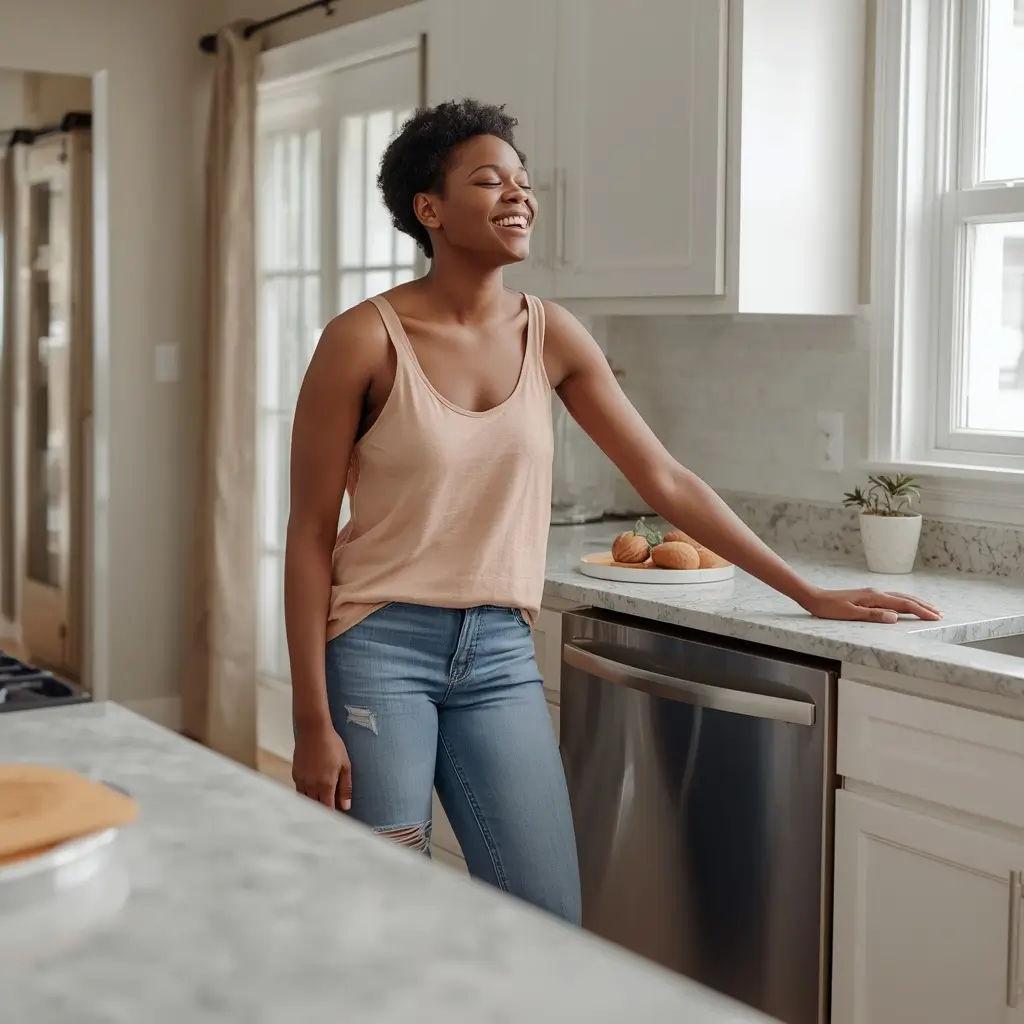 Happy homeowner smiling in a modern kitchen next to a repaired stainless steel dishwasher.