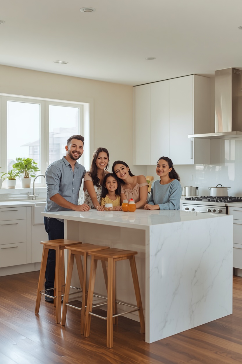 Happy family enjoying working Sub-Zero kitchen appliances by Carter Services.
