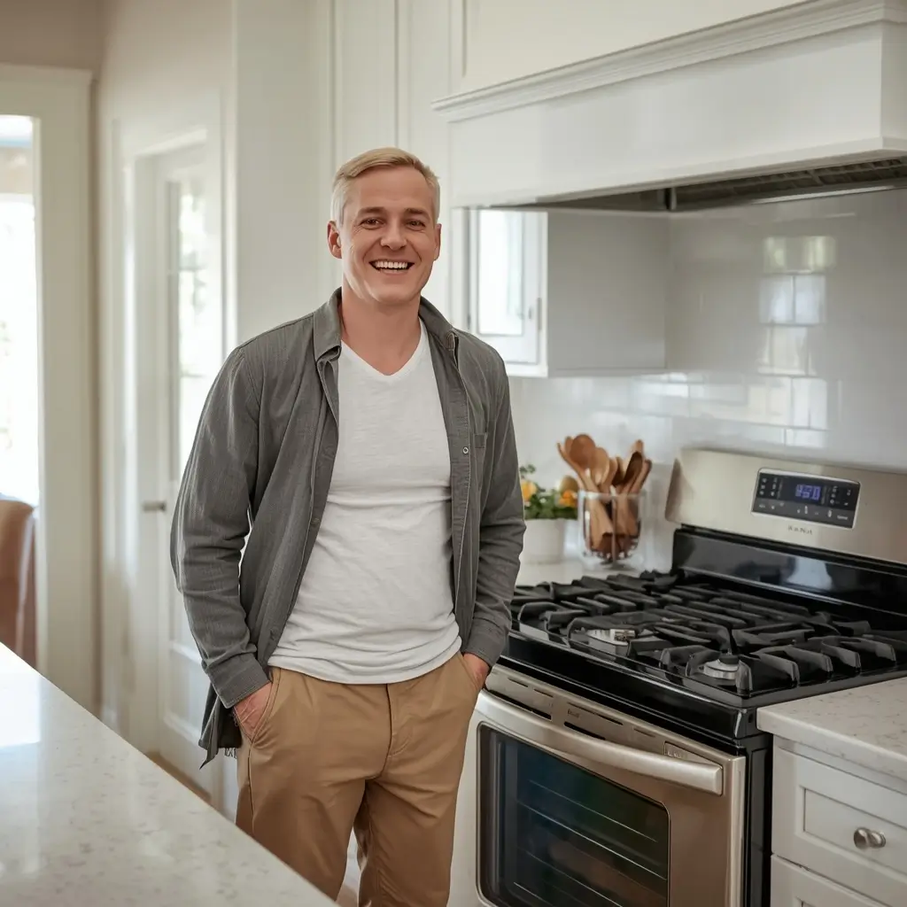 Happy customer next to Viking gas range and oven after repair service.