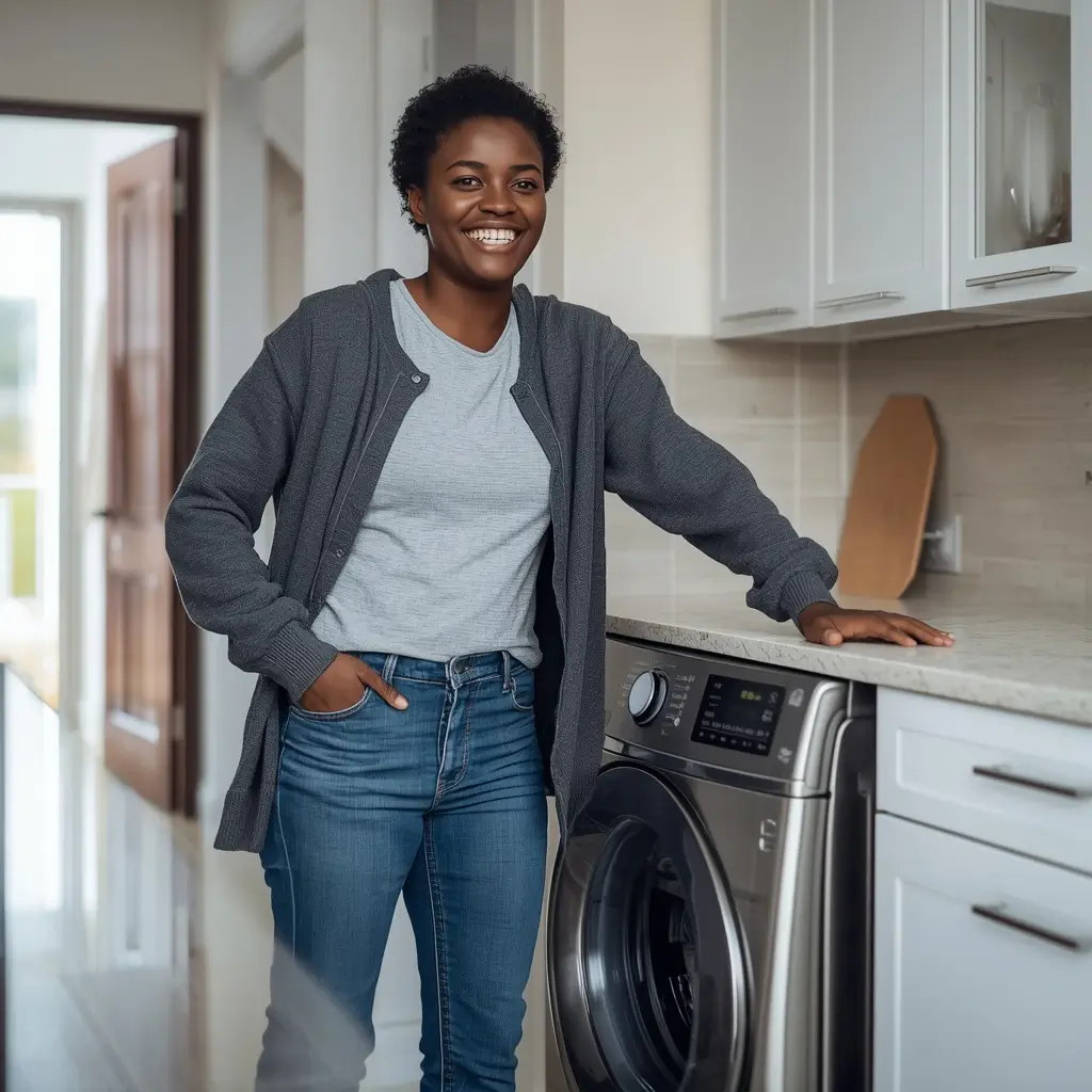 Happy customer next to Whirlpool washer after repair service.